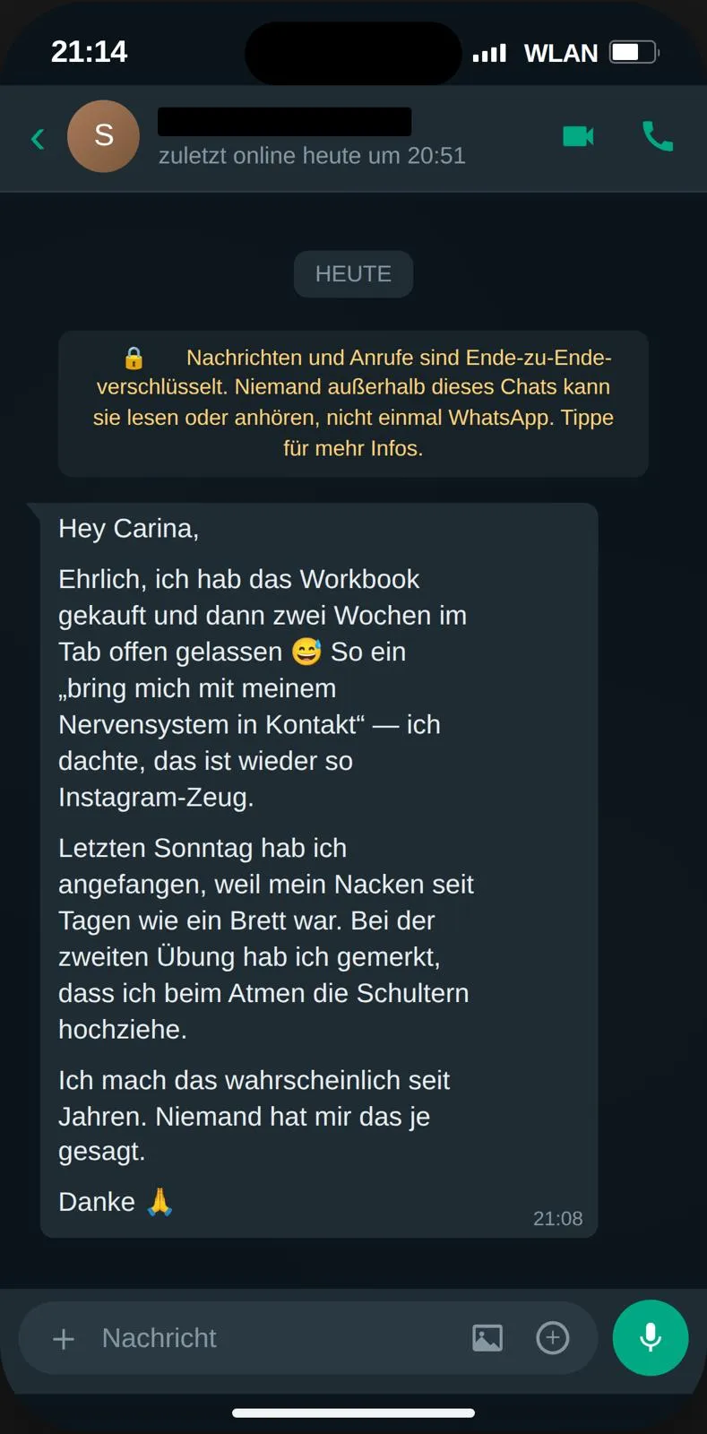 Rückmeldung einer Klientin – WhatsApp-Verlauf